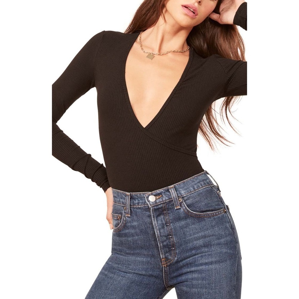 Reformation Becky Bodysuit Large Black Ribbed Plunge Neck Long Sleeve Wrap Front